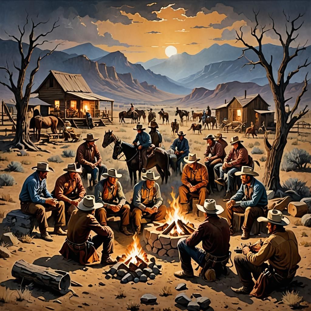 Cowboys Around Campfire in Western Art Style
