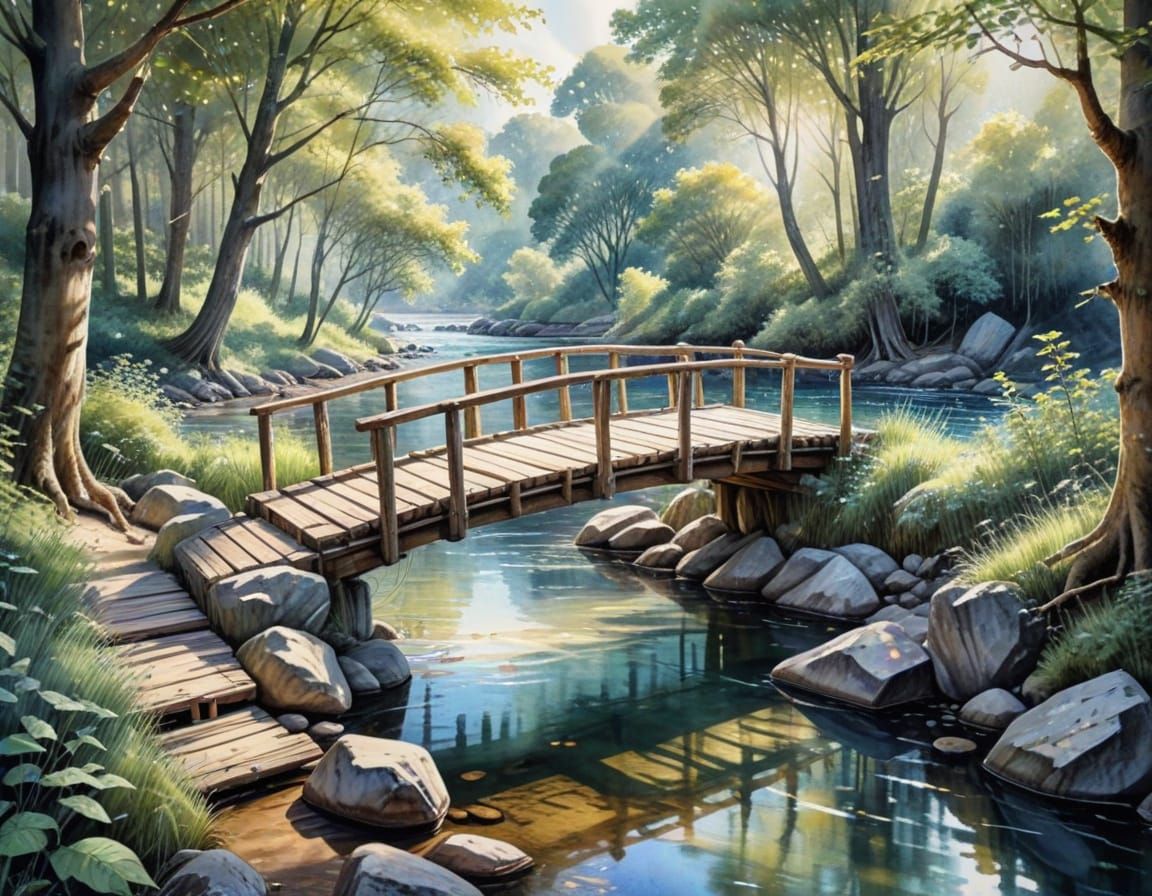 Old Wooden Bridge in Detailed Watercolor Painting