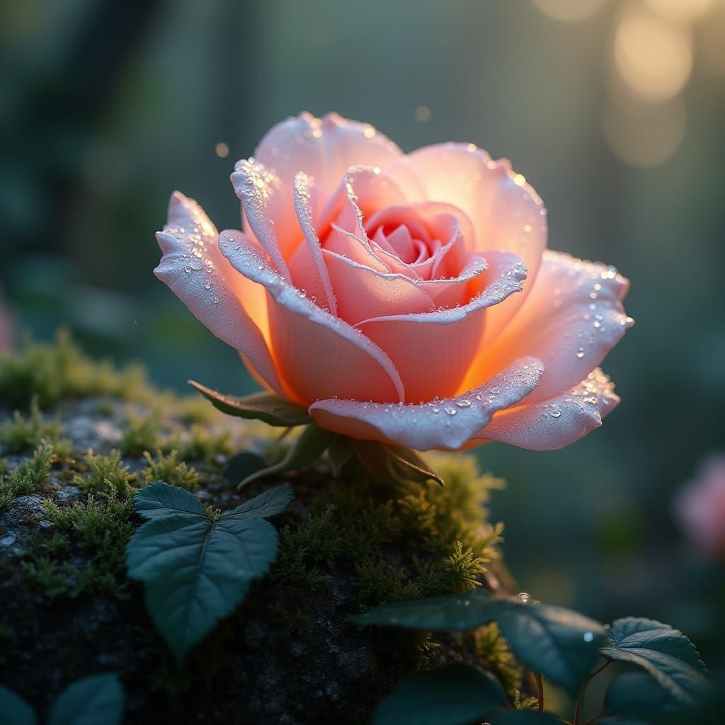 Luminescent Spider Silk Rose with Dewdrops in Enchanted Gard...