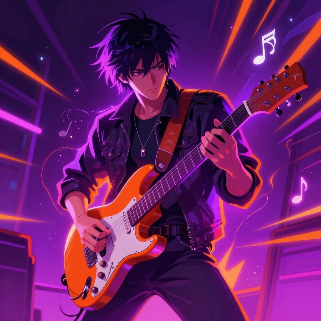 Neon Guitarist in Dynamic Digital Painting Style