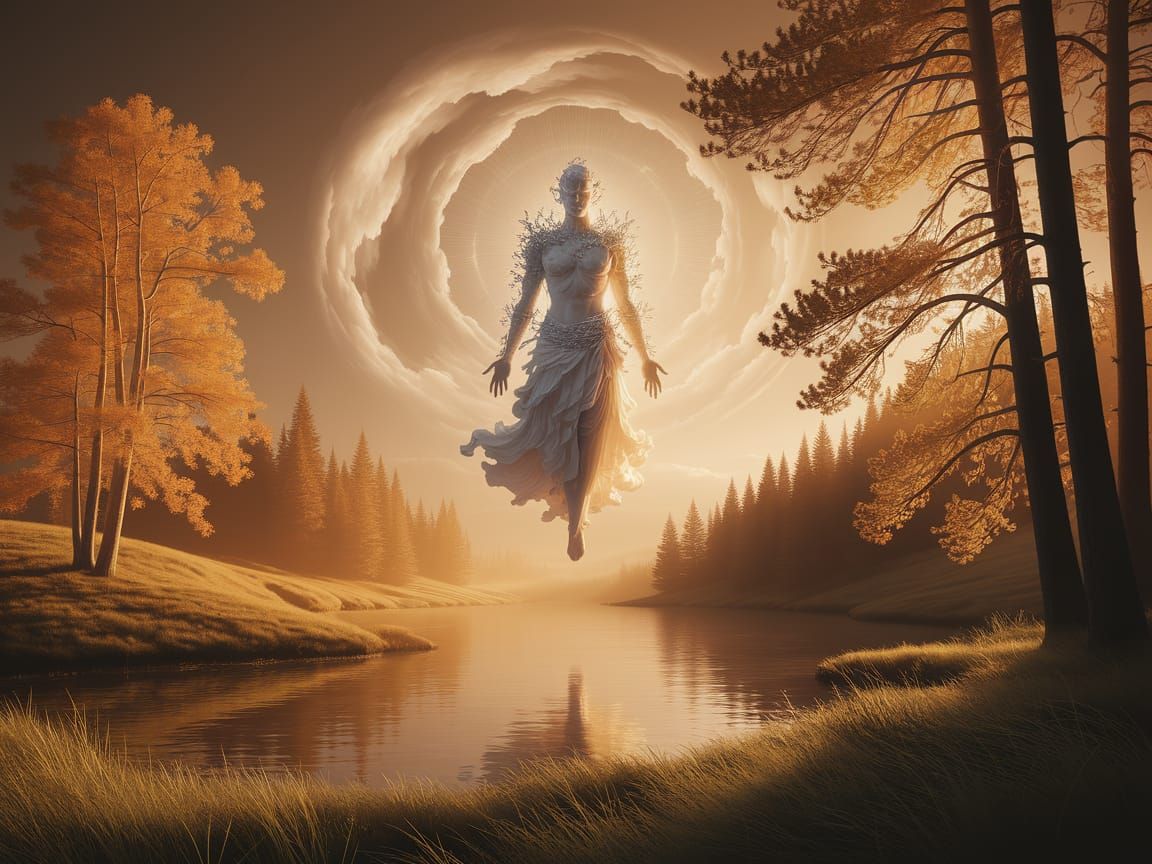 Divine Figure Emanates Golden Light in Serene Landscape