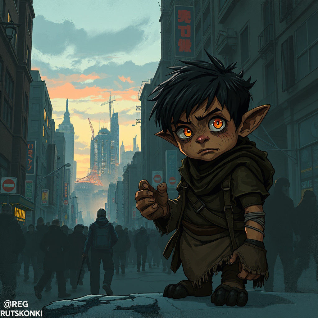Dystopian Urchin in Gritty Cityscape, Cinematic Art