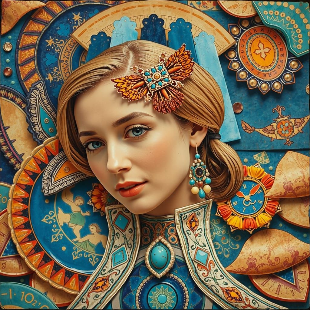 High-Contrast Ceramic Collage of a Woman