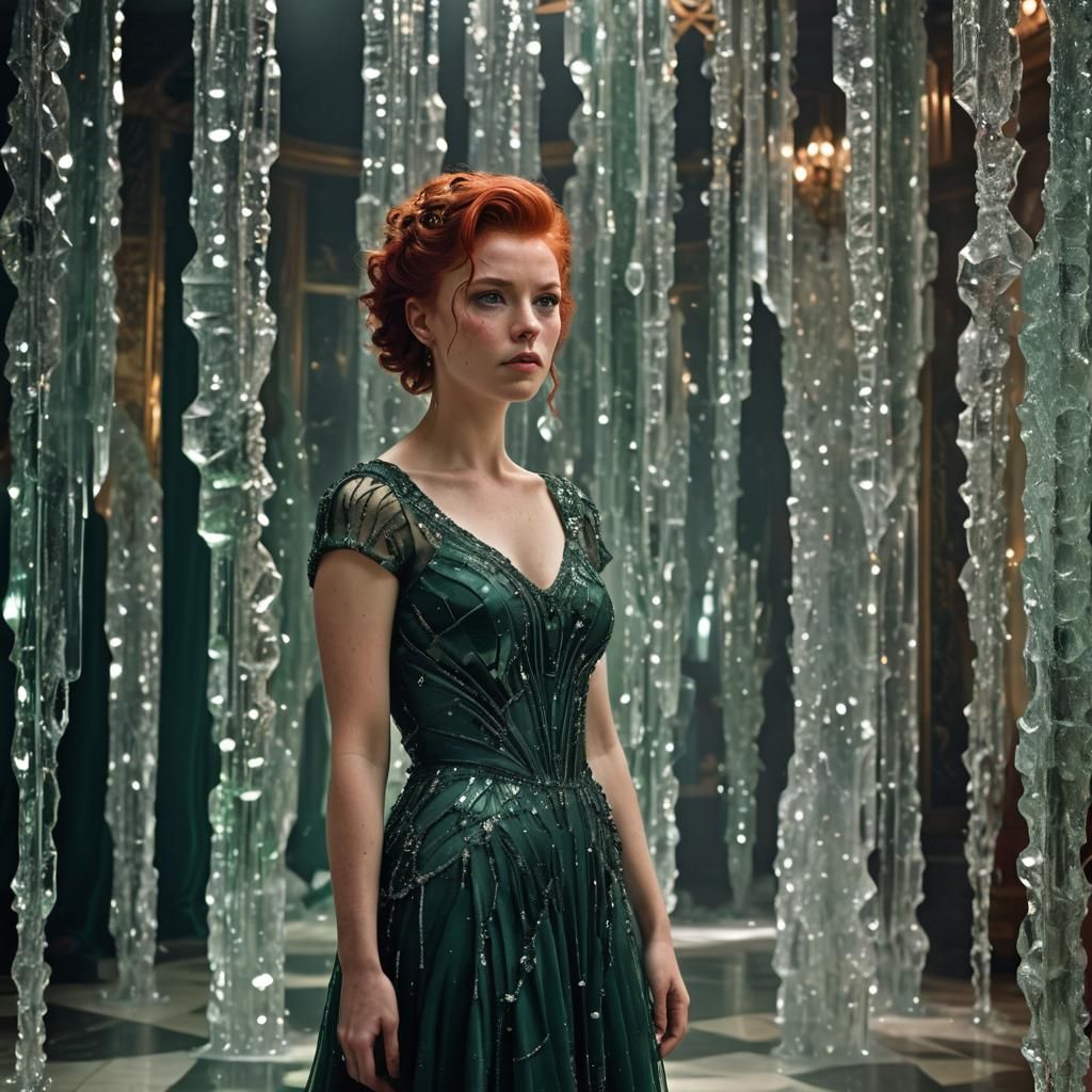 Woman in Crystal Dress in Ballroom