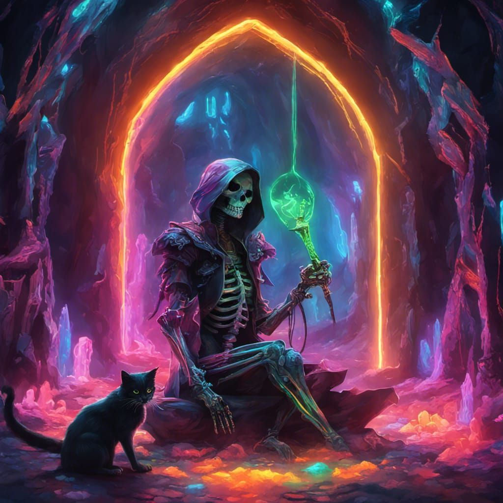 Neon Skeleton and Cat in Crystal Cave
