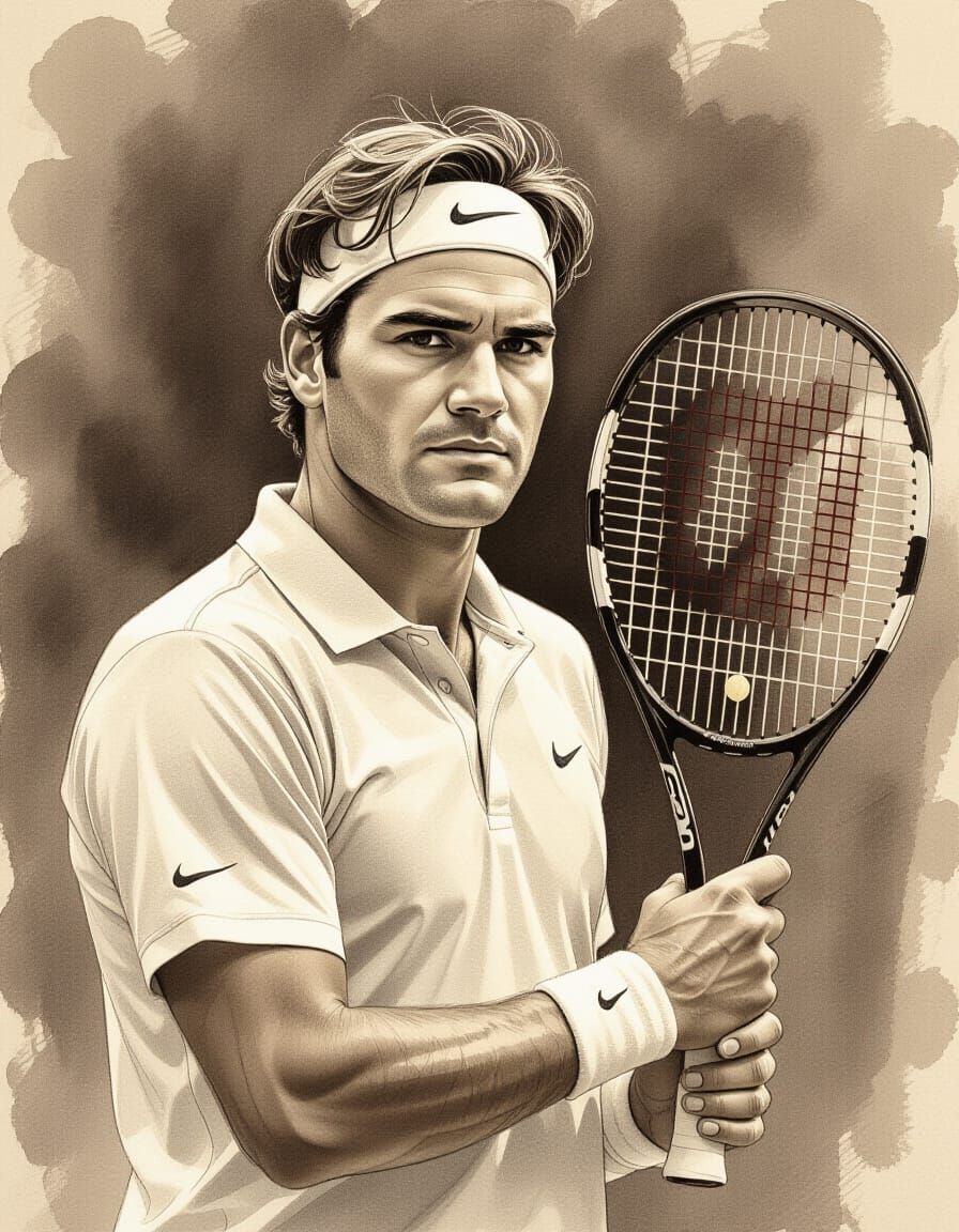 Sepia Graphite Sketch of Tennis Player