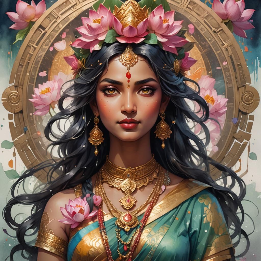 Watercolor Portrait of Lakshmi, Hindu Goddess