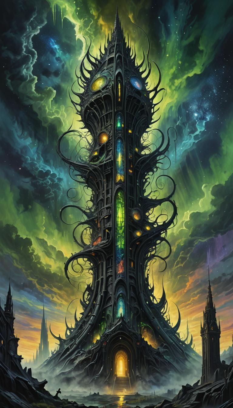 Magical Dark Tower Exploding with Energy in Oil Painting