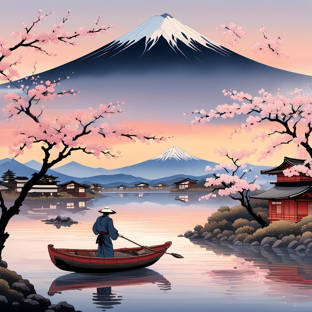 Edo Japan Fisherman in Ukiyo-e Style at Sunset
