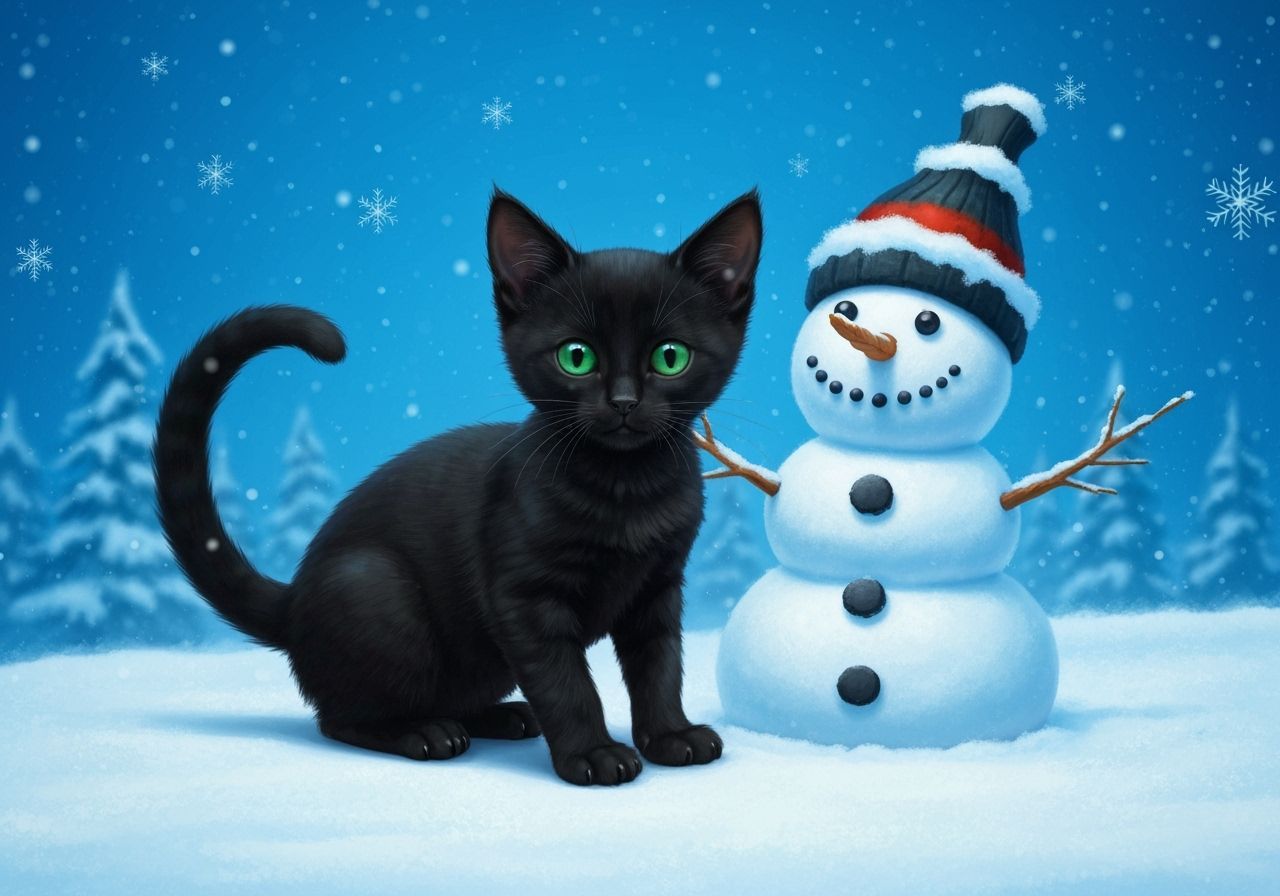 Sleek Black Kitten Ruins Snowman in Magical Winter Wonderlan...