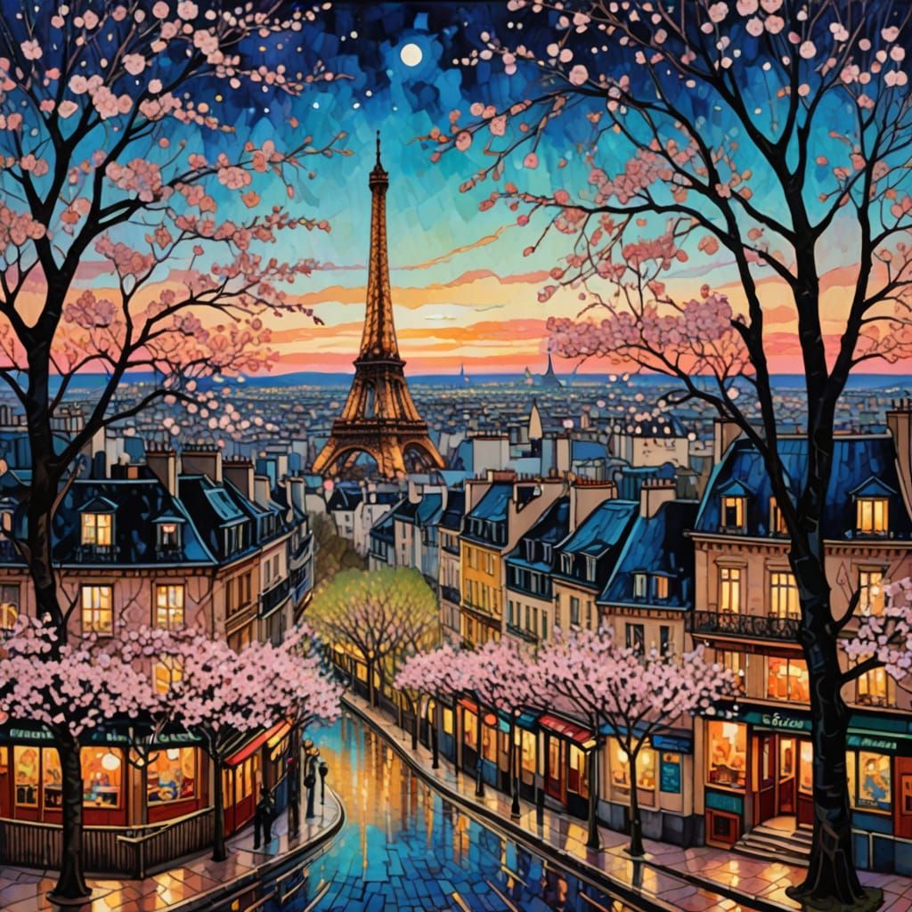 Eiffel Tower Surrounded by Cherry Blossoms in Deep Colors