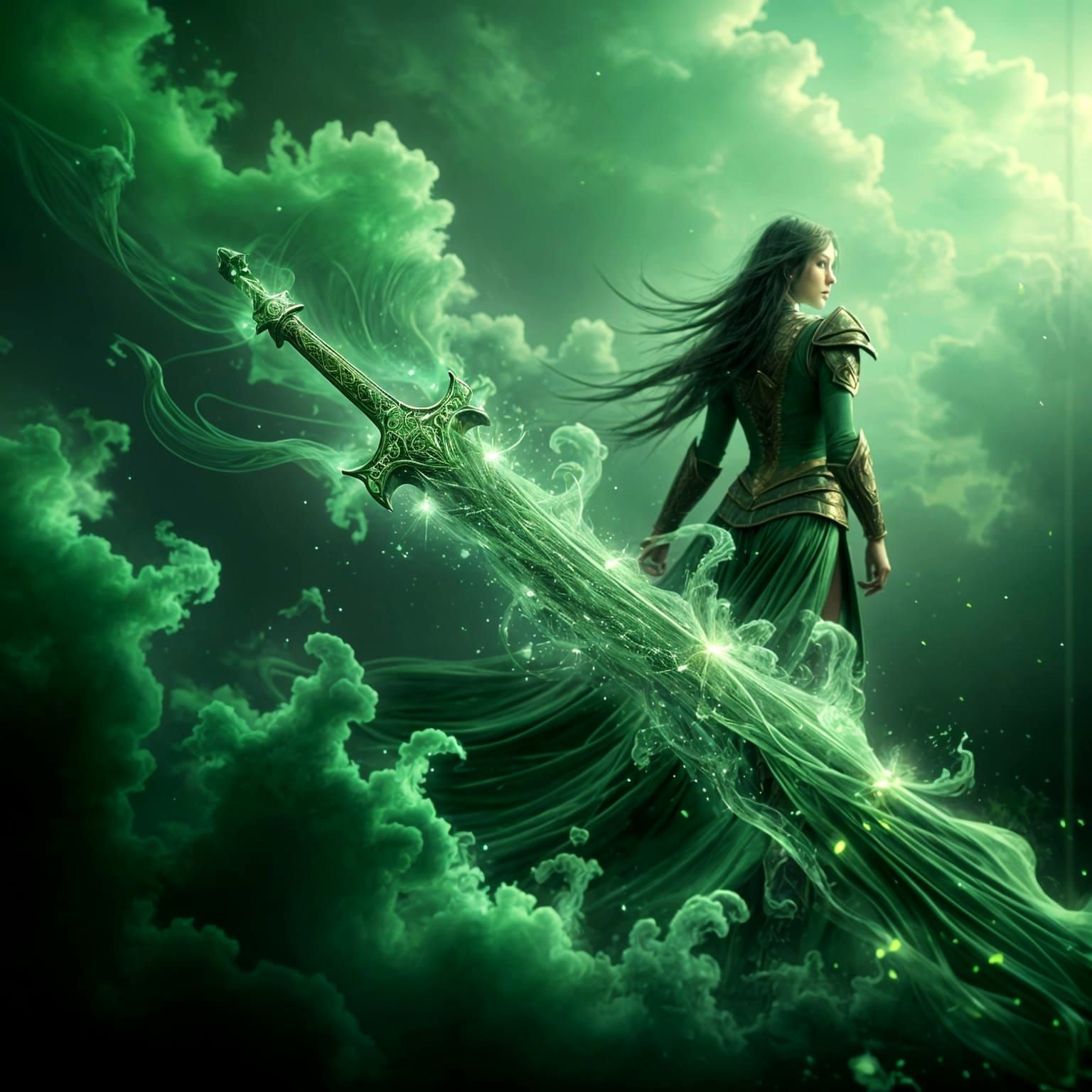 Emerald Green Sword and Warrior in Dark Oil Paint Style