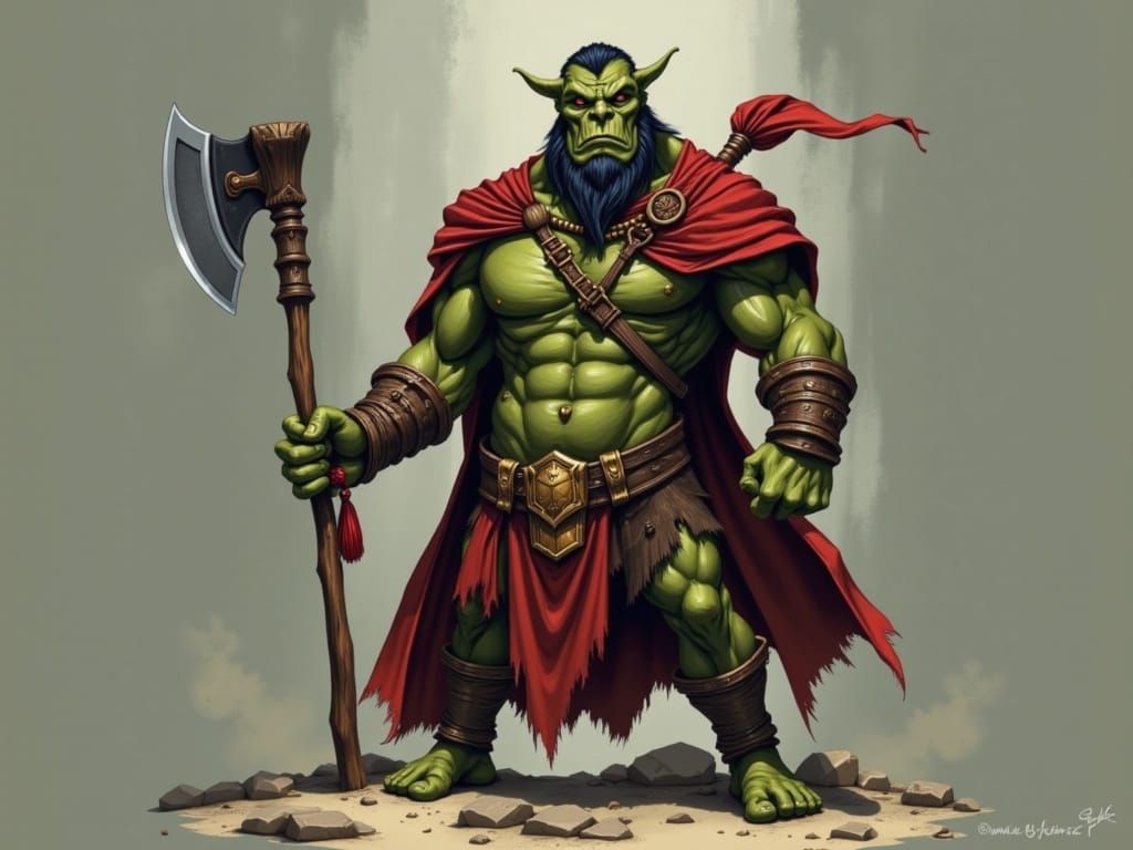 Orc in Toga Wields Wooden Club in Muted Medieval Scene