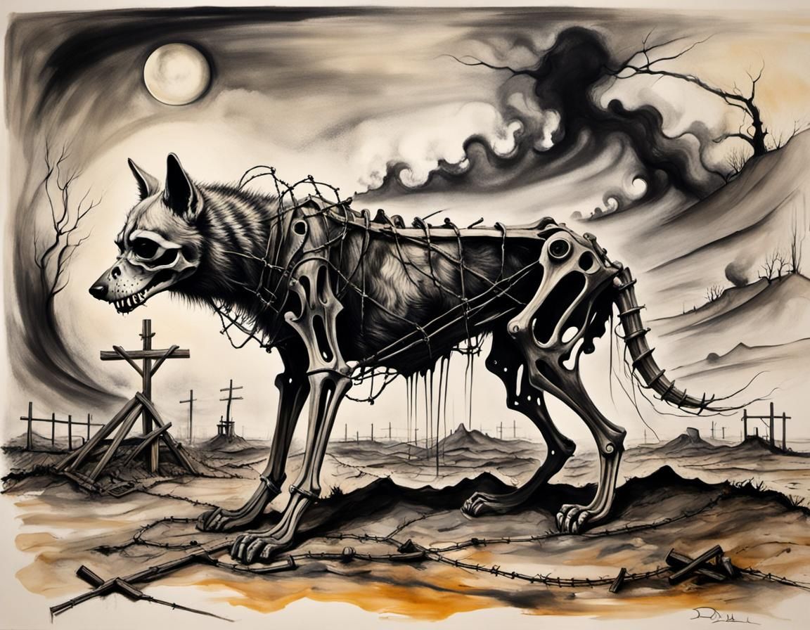 Skeletal Wolf in Barbed Wire: German Expressionist Panorama