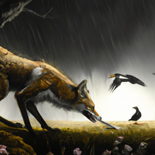 Maned Wolf Eats Pheasant in Thunderstorm