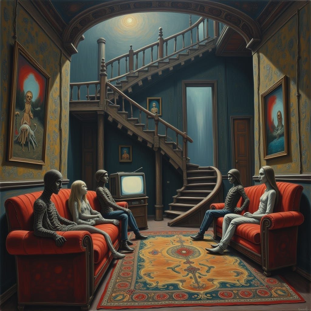 Escher Style Surreal Home With Creepy Vintage People