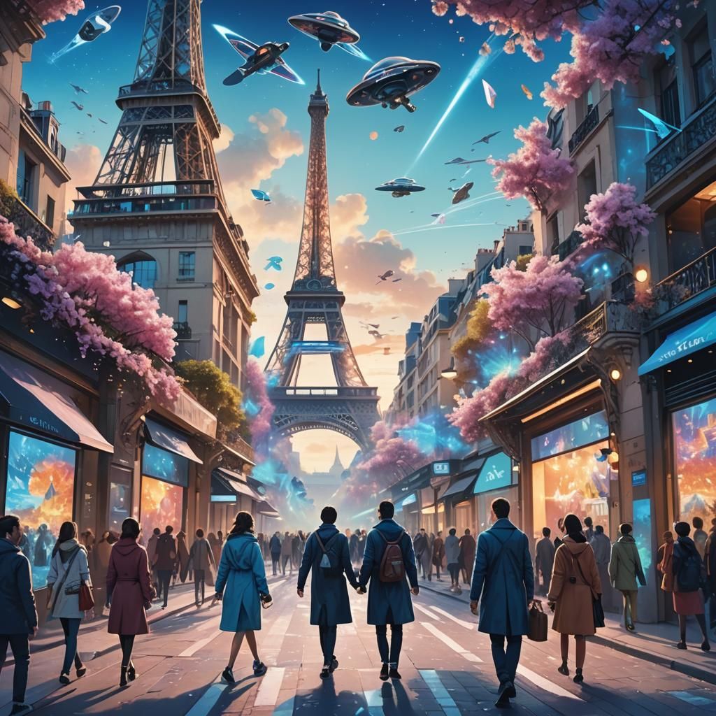 Futuristic Paris Street Scene with Holographic Artists
