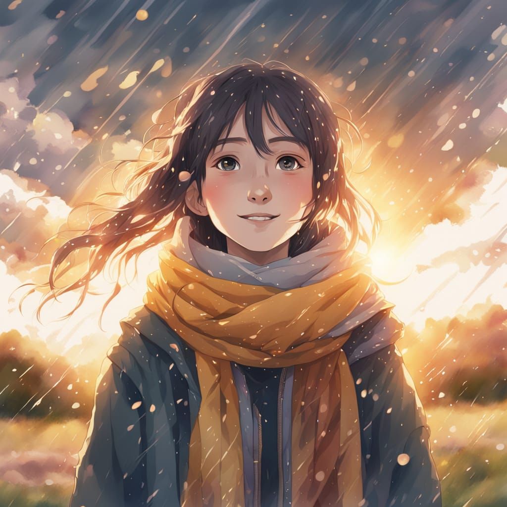 Girl with Scarf in Watercolor Style with Raindrops
