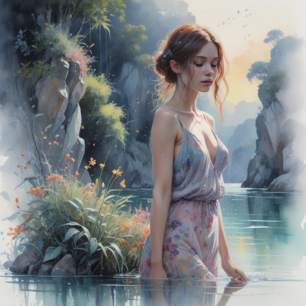 Moonlit Lagoon in Neo-Impressionist Oil Painting Style