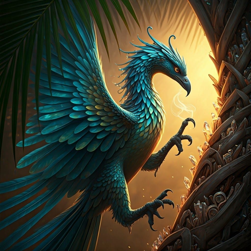 Translucent Firebird Reaching for Palm Tree