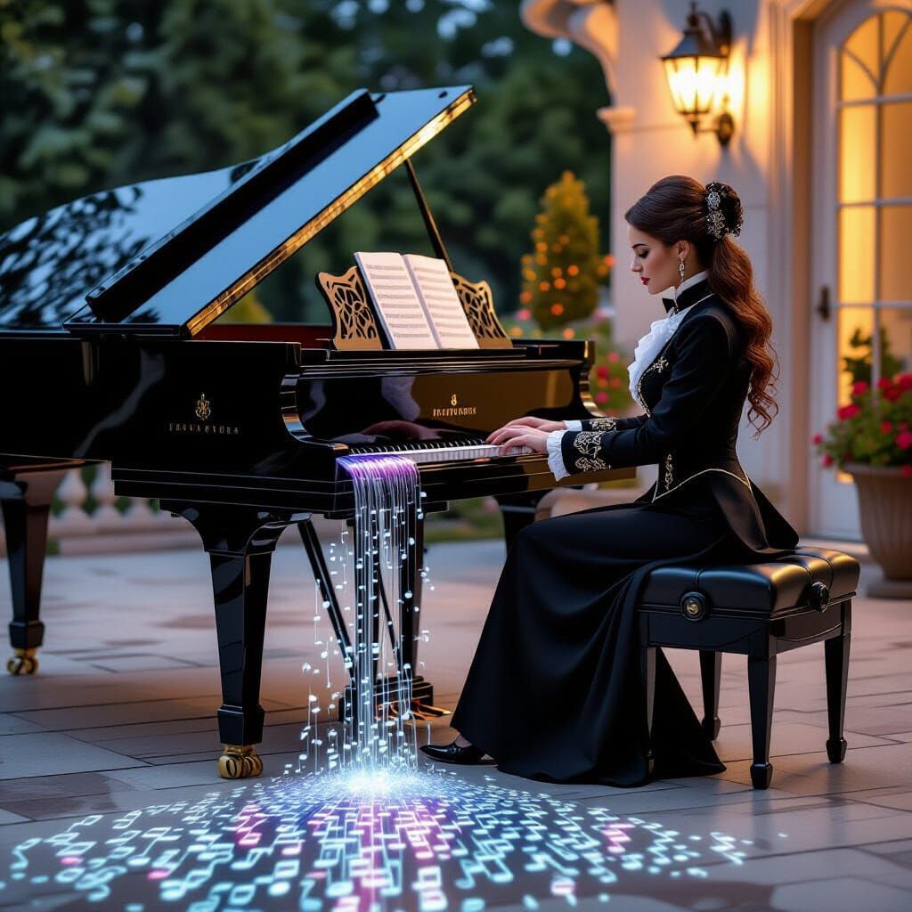Gothic Grand Piano with Music Waterfall and Steampunk Player