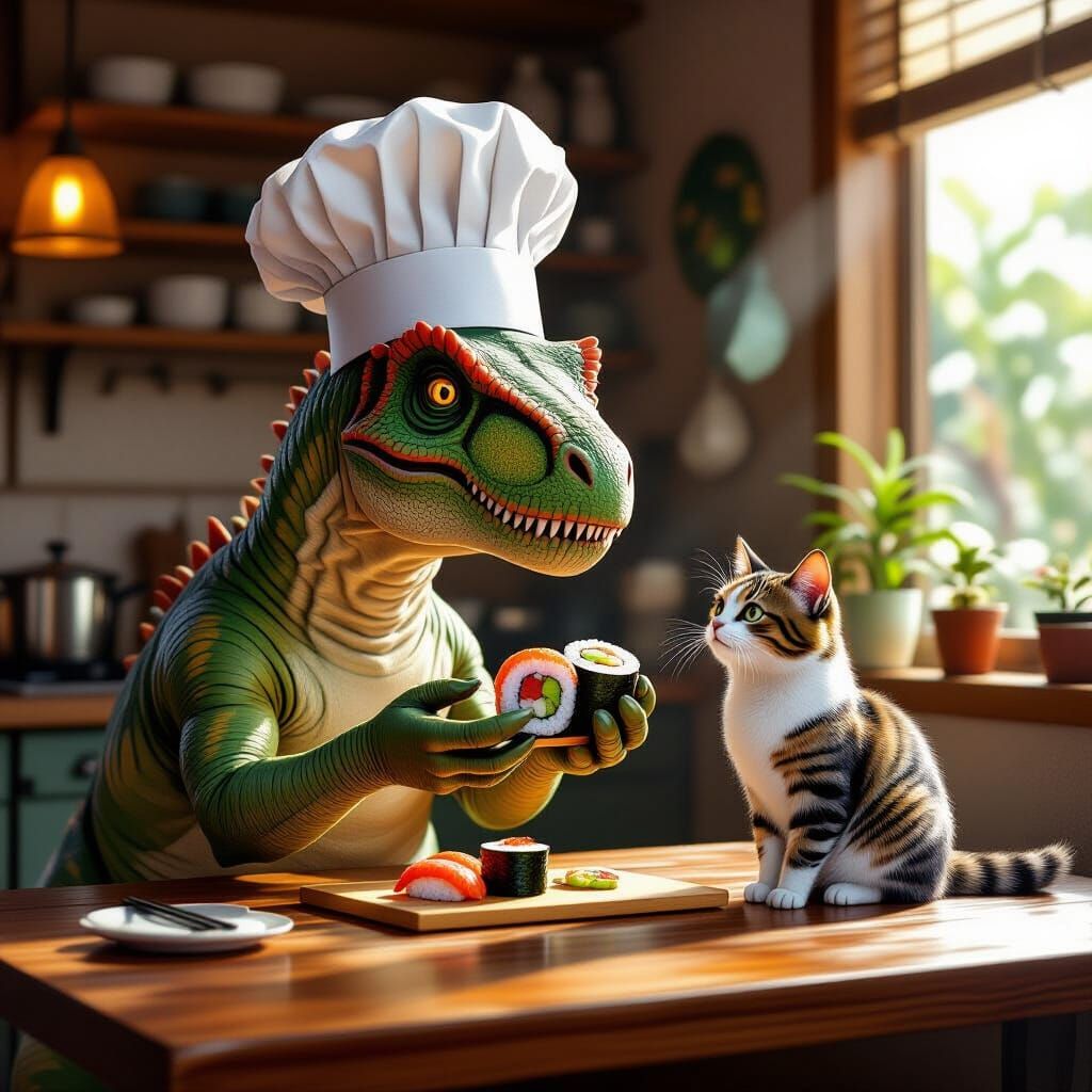 Giganotosaurus Chef Offers Sushi to Cat