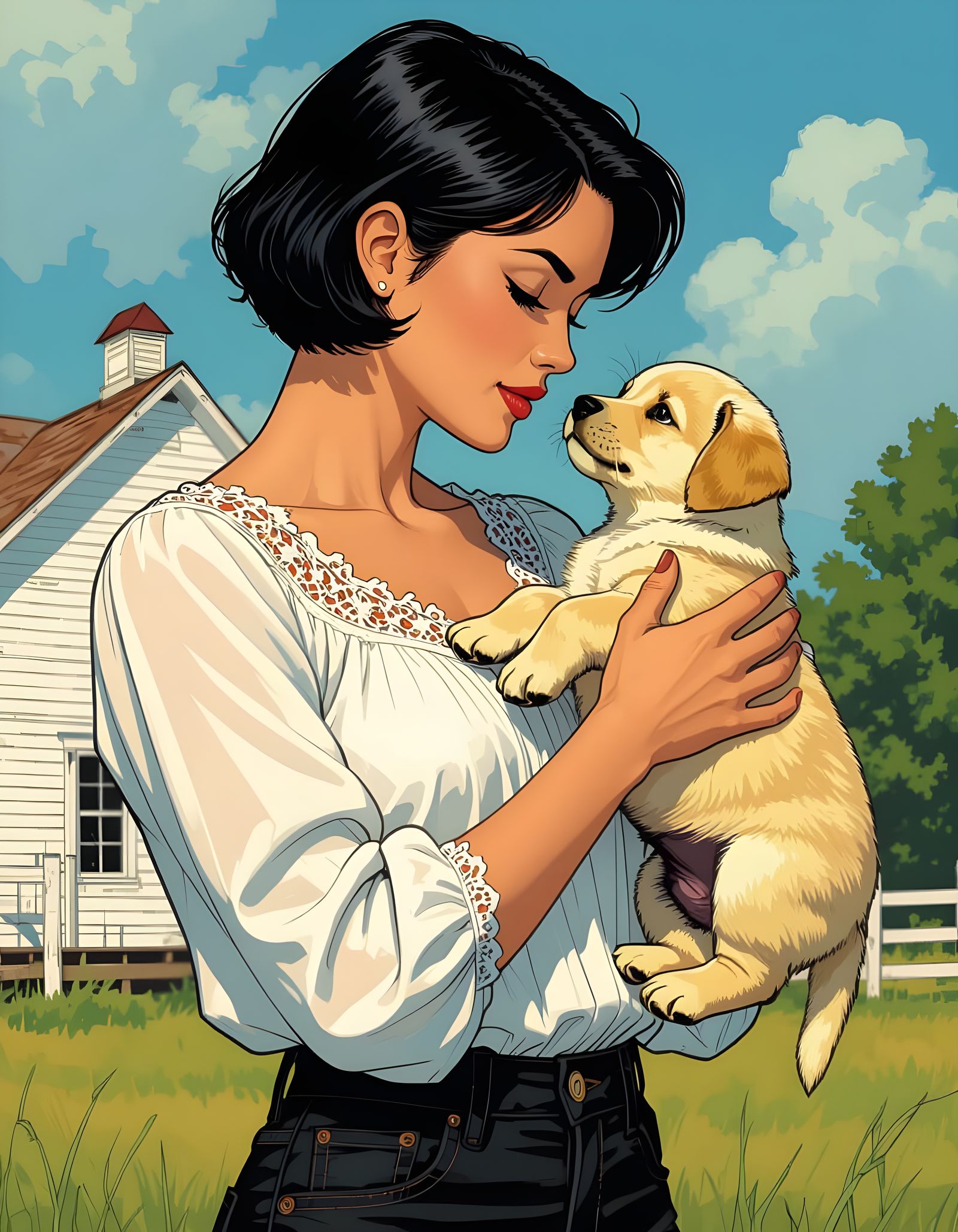 Woman Lifts Puppy in Comic Book Style Art