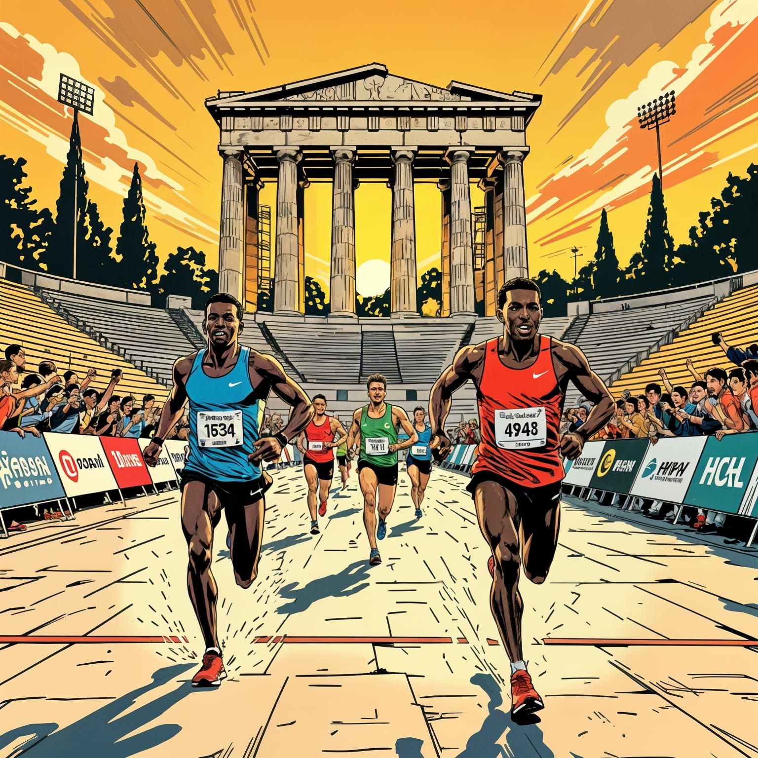 Marathon Finish At Panathenaic Stadium In Comic Style
