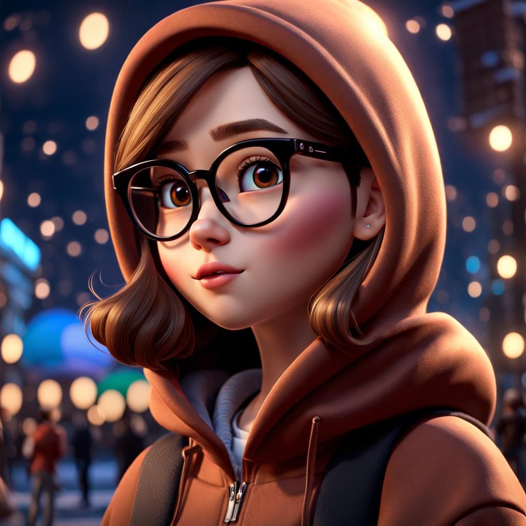 Cute Girl in Black Hoodie, Pixar-Style 3D Render