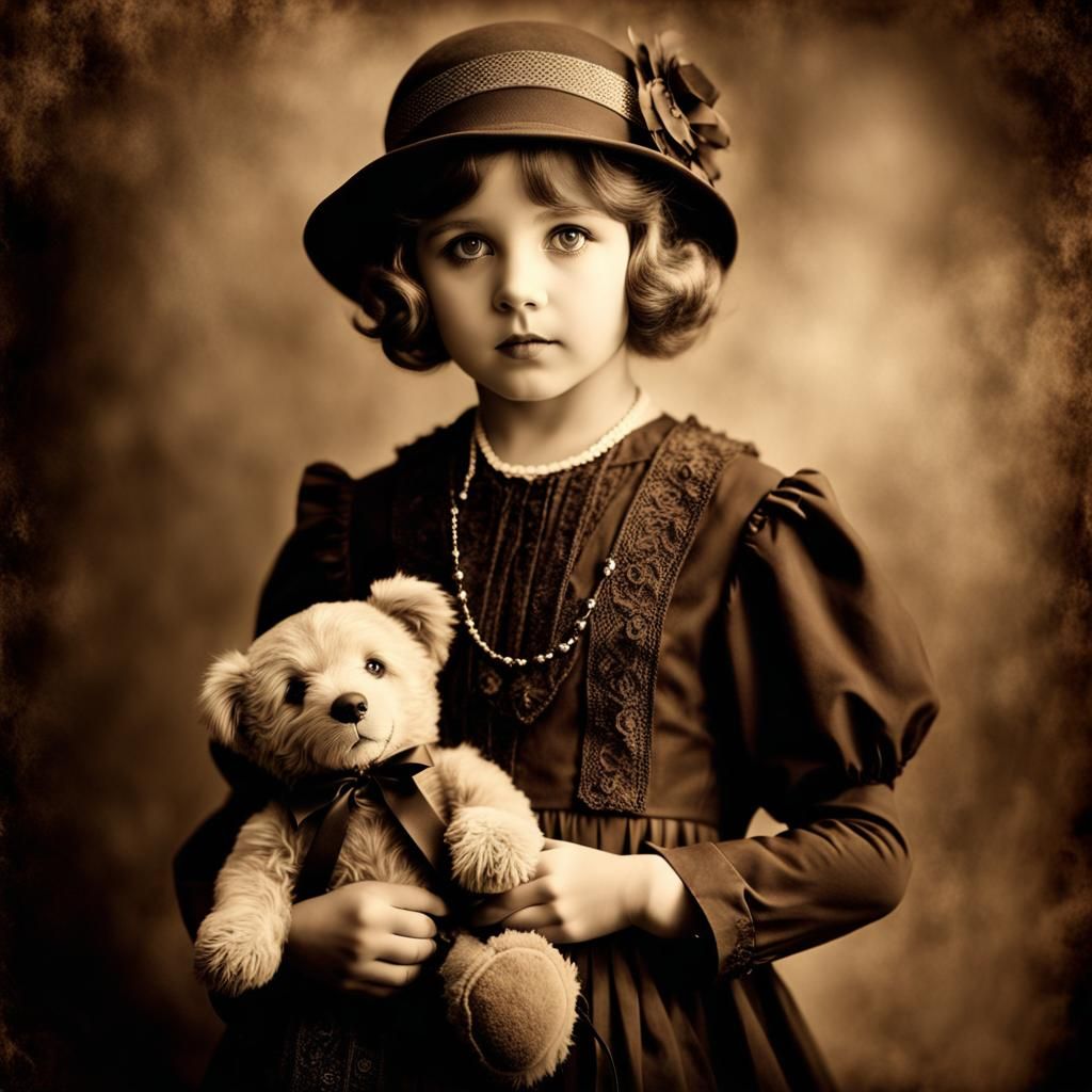 1920s Girl with Teddy Bear in Sepia Tone