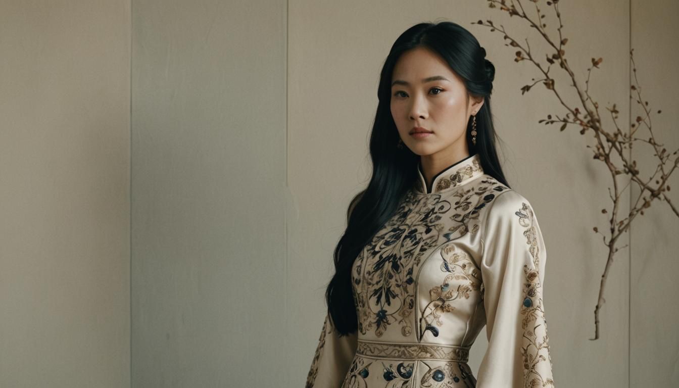 Elegant Asian Woman in Silk Dress: Photorealistic Film Still