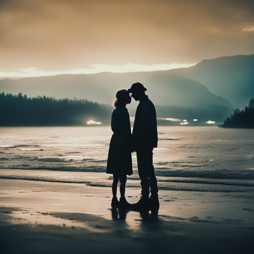 Cinematic Beach Moment: A Romantic Film Still