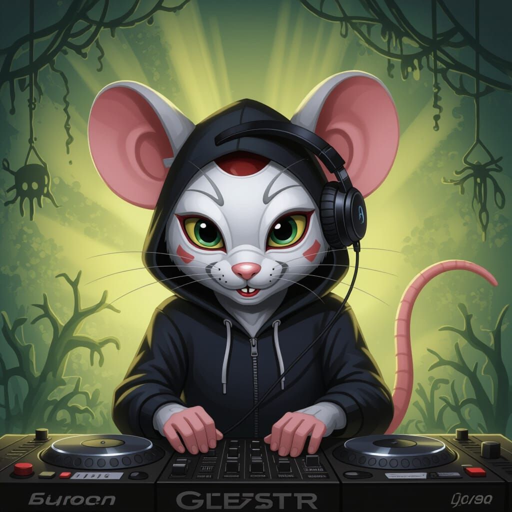 Masked Cartoon Mouse DJ in Horror Style