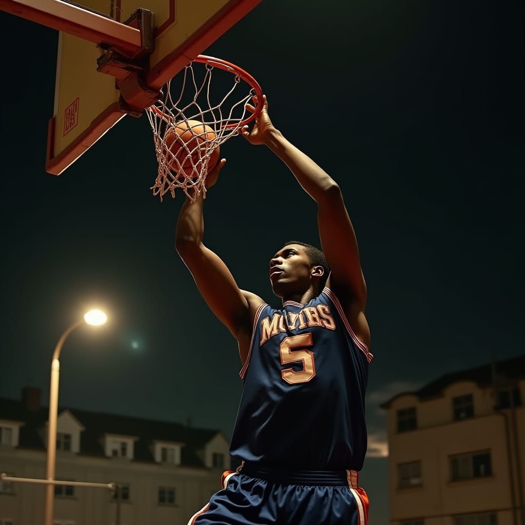 Basketball Player Silhouetted at Night: Urban Realism