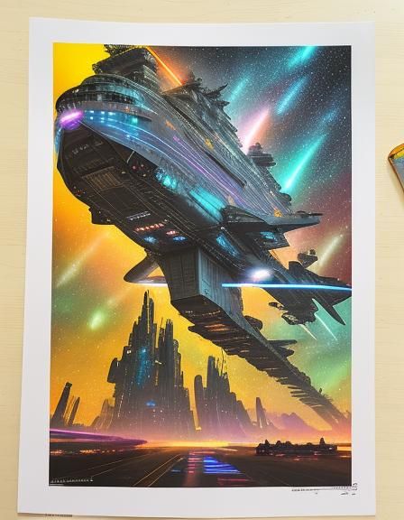 Spaceship Soaring Through Nebula Clouds in Neon Style