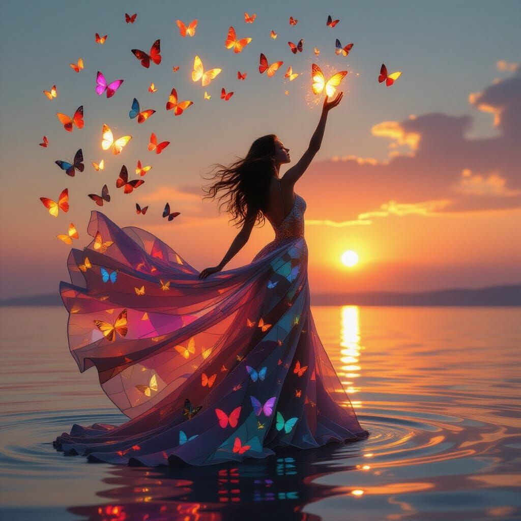 Dreamlike Silhouette Fracturing into Fiery Butterflies