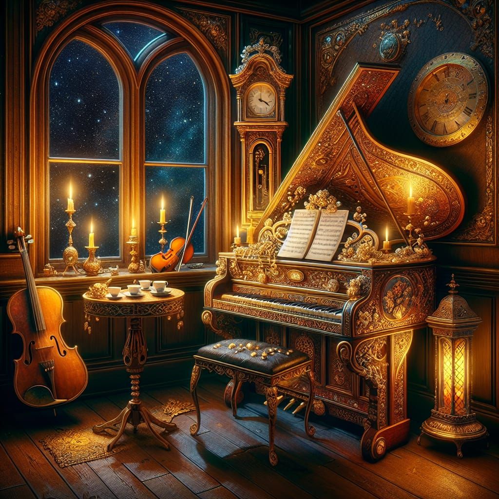 Antique Piano Scene with Candlelight, Oil Painting Style