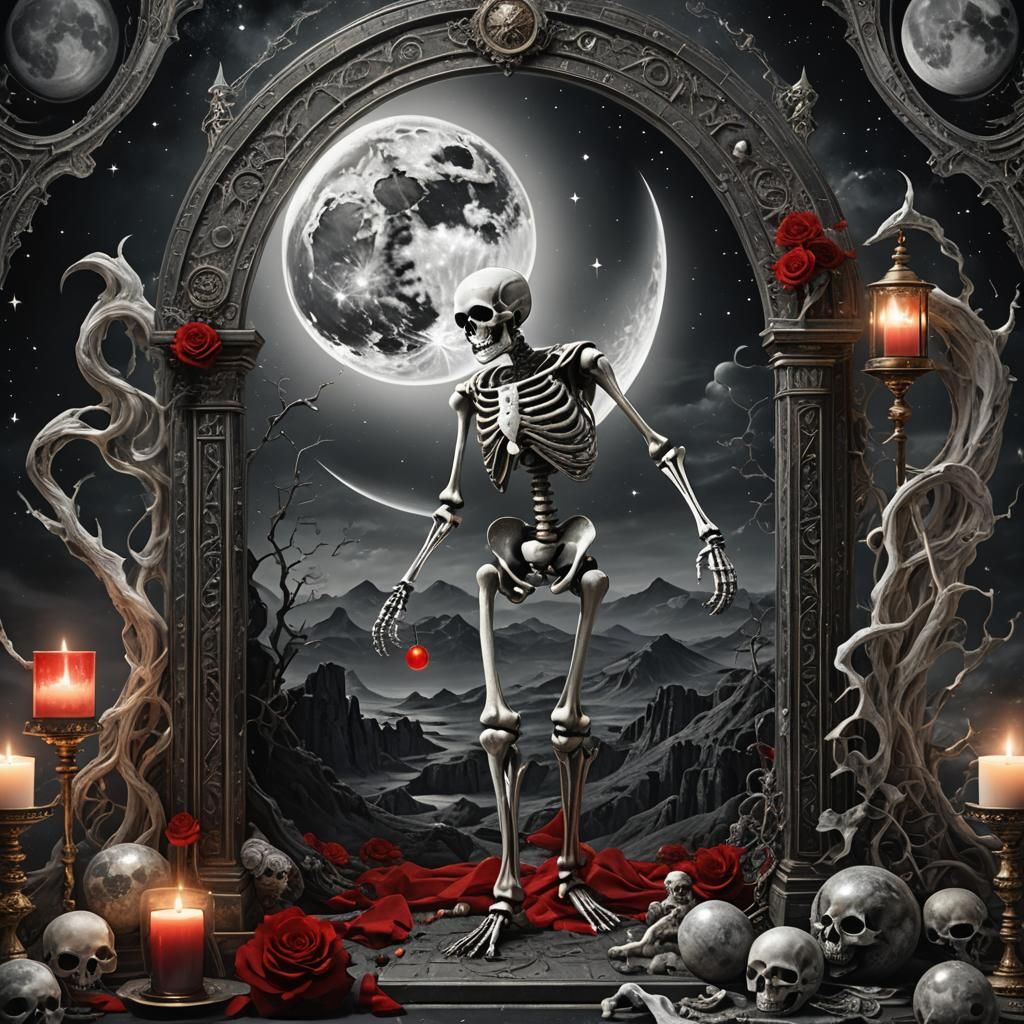 The Moon Tarot Card with Skeleton and Symbols