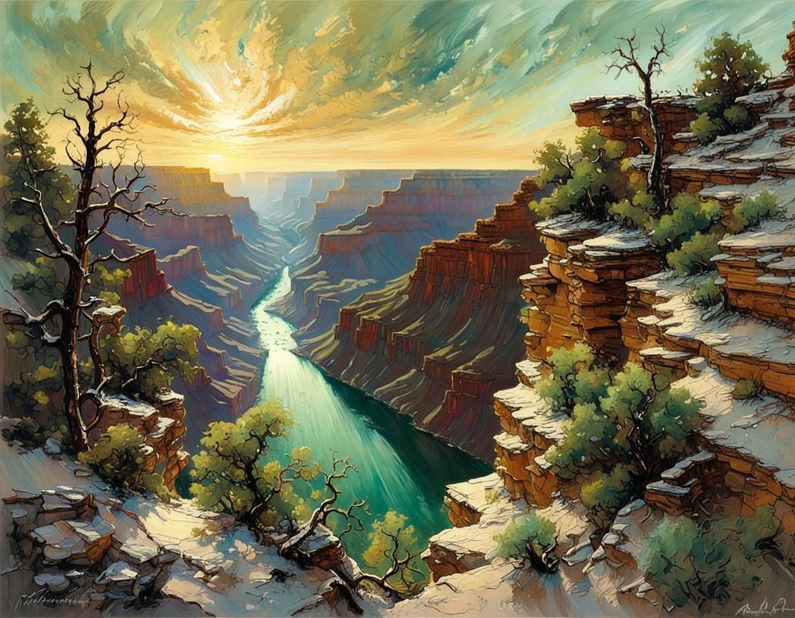 Grand Canyon Emerald Sunrise: Impasto Ink Art