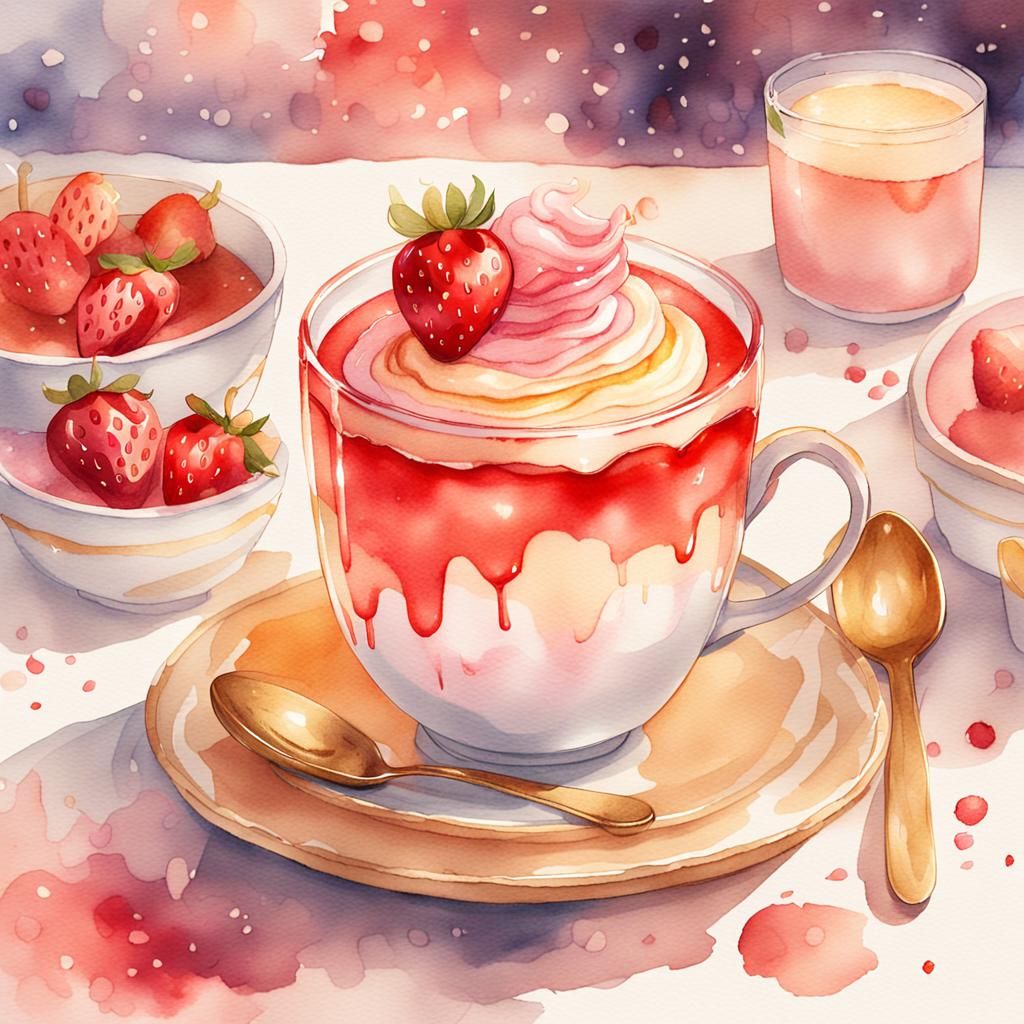 Watercolor Dessert Cup with Strawberry Syrup
