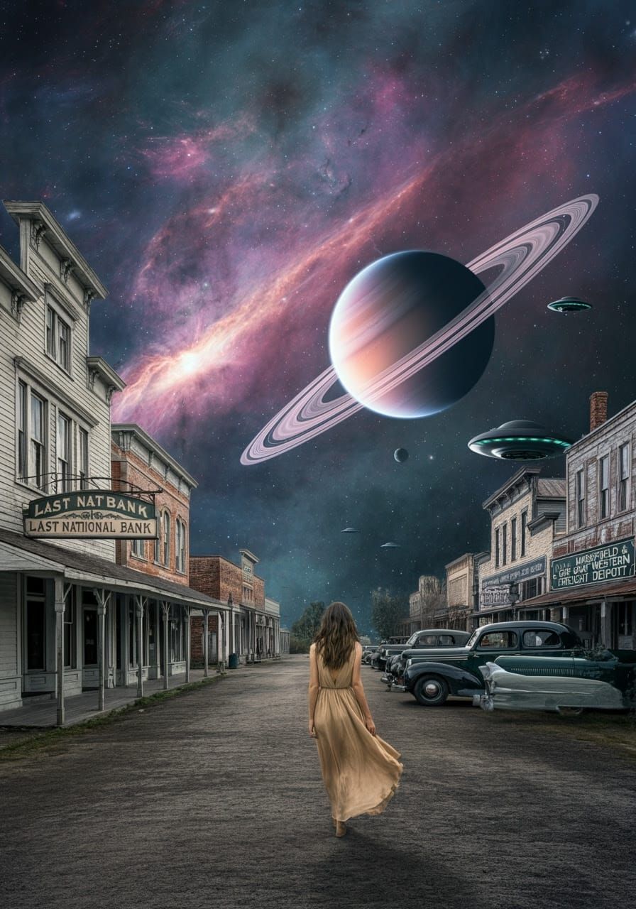 Surreal Americana Scene with Cosmic Backdrop