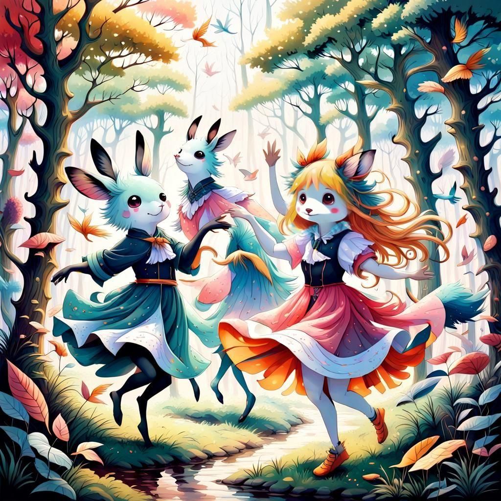 Magical Forest: Whimsical Animals Dancing in Anime Style
