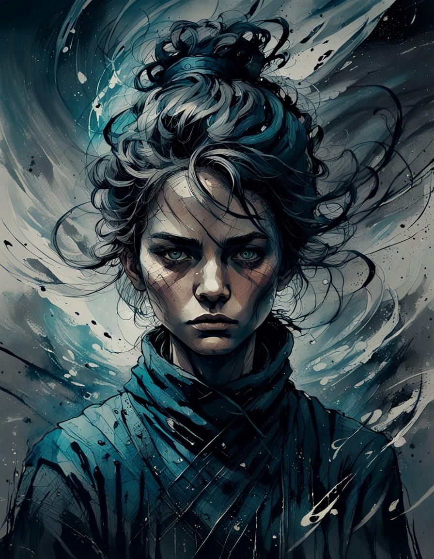 Detailed Pen and Ink Spirit Portrait with Calligraphy