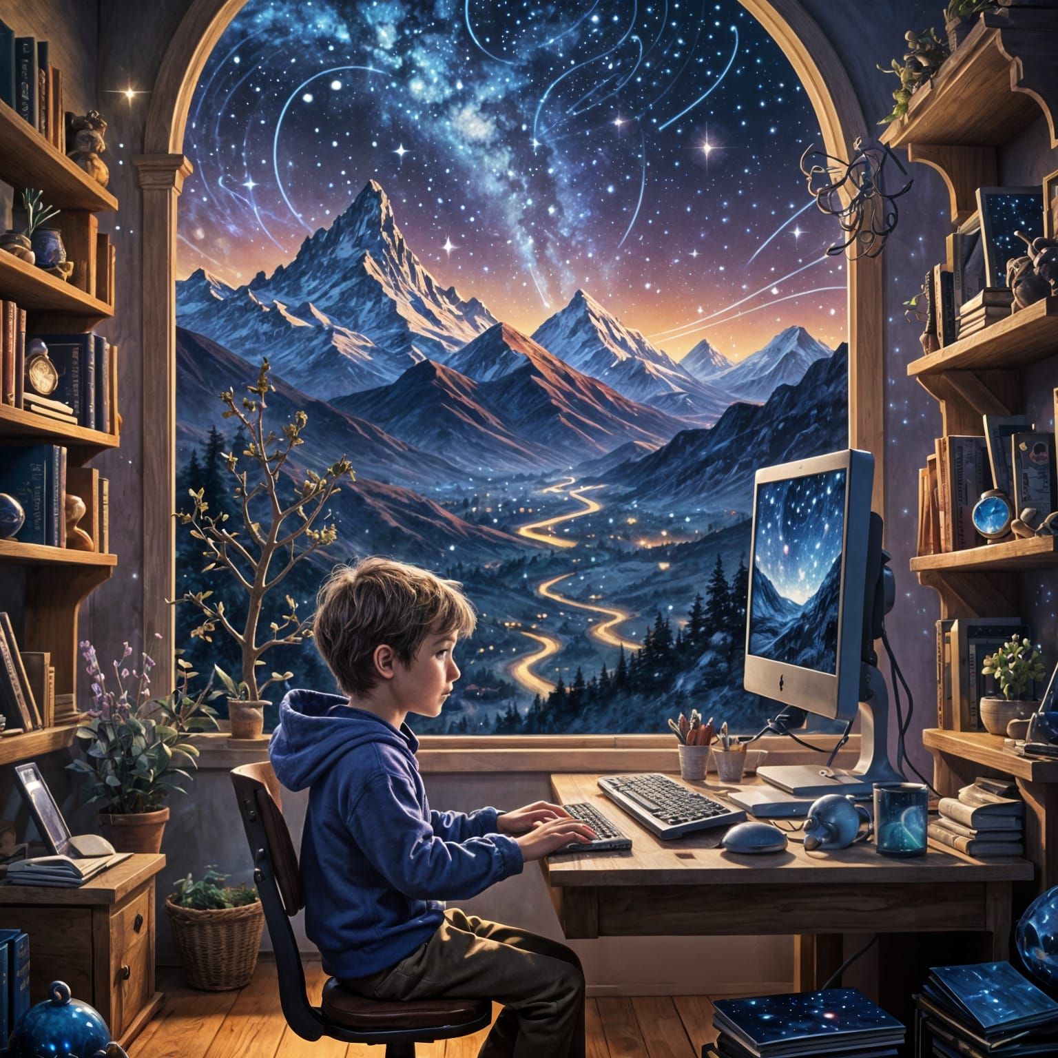 Magical Fairytale: Child at Computer in Dreamy Illustration