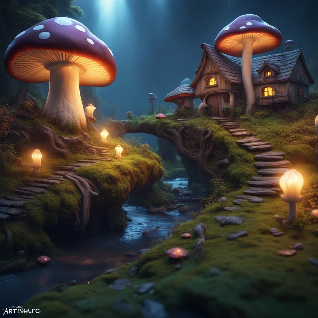 Fairytale Mushroom Village with Bioluminescent Stream