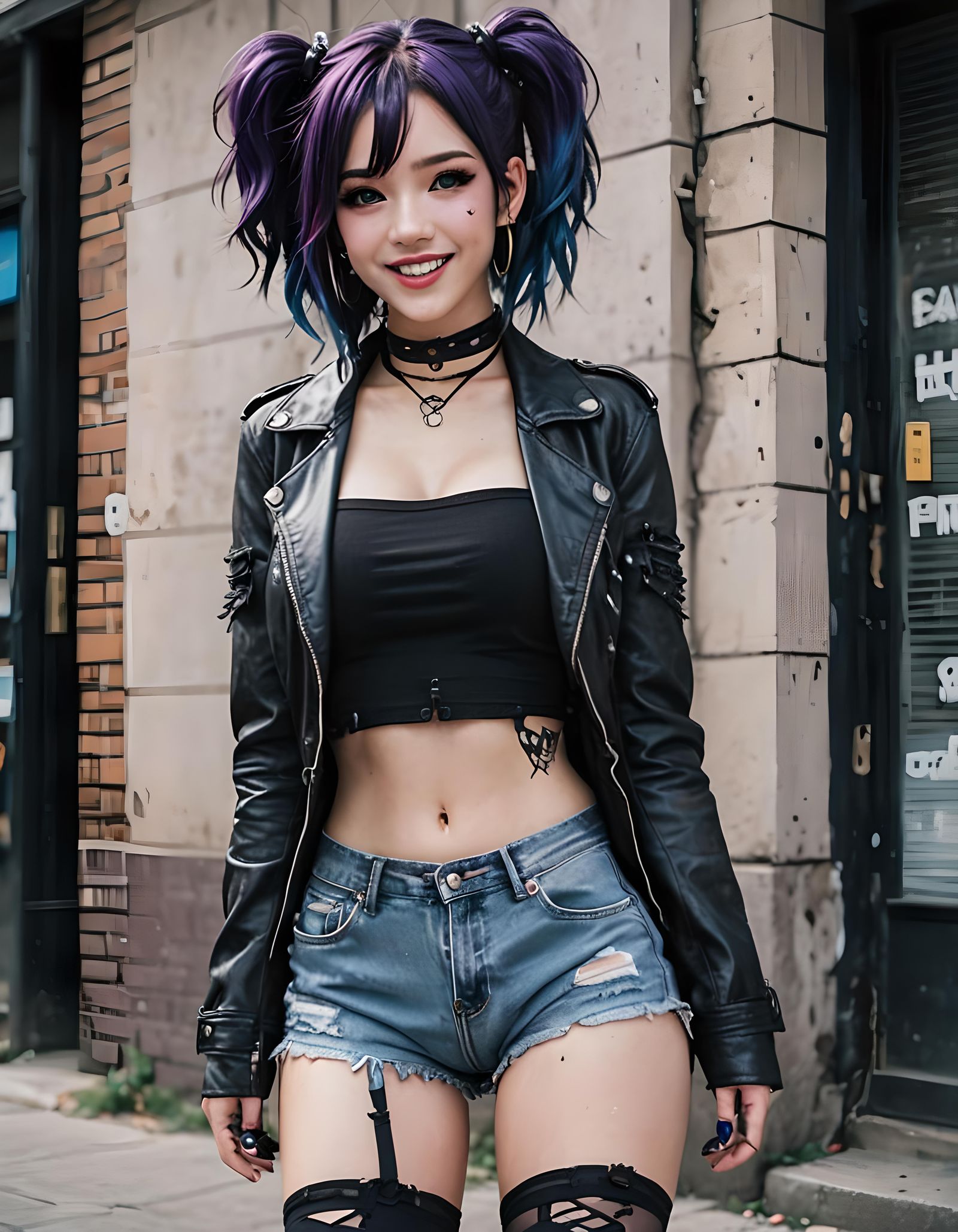 Cute Freckled Girl with Blue Pigtails in Punk Outfit