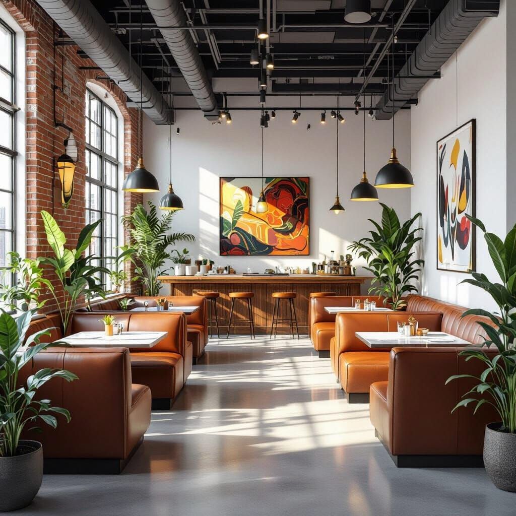 Industrial Cafeteria with Modern Art and Lush Plants