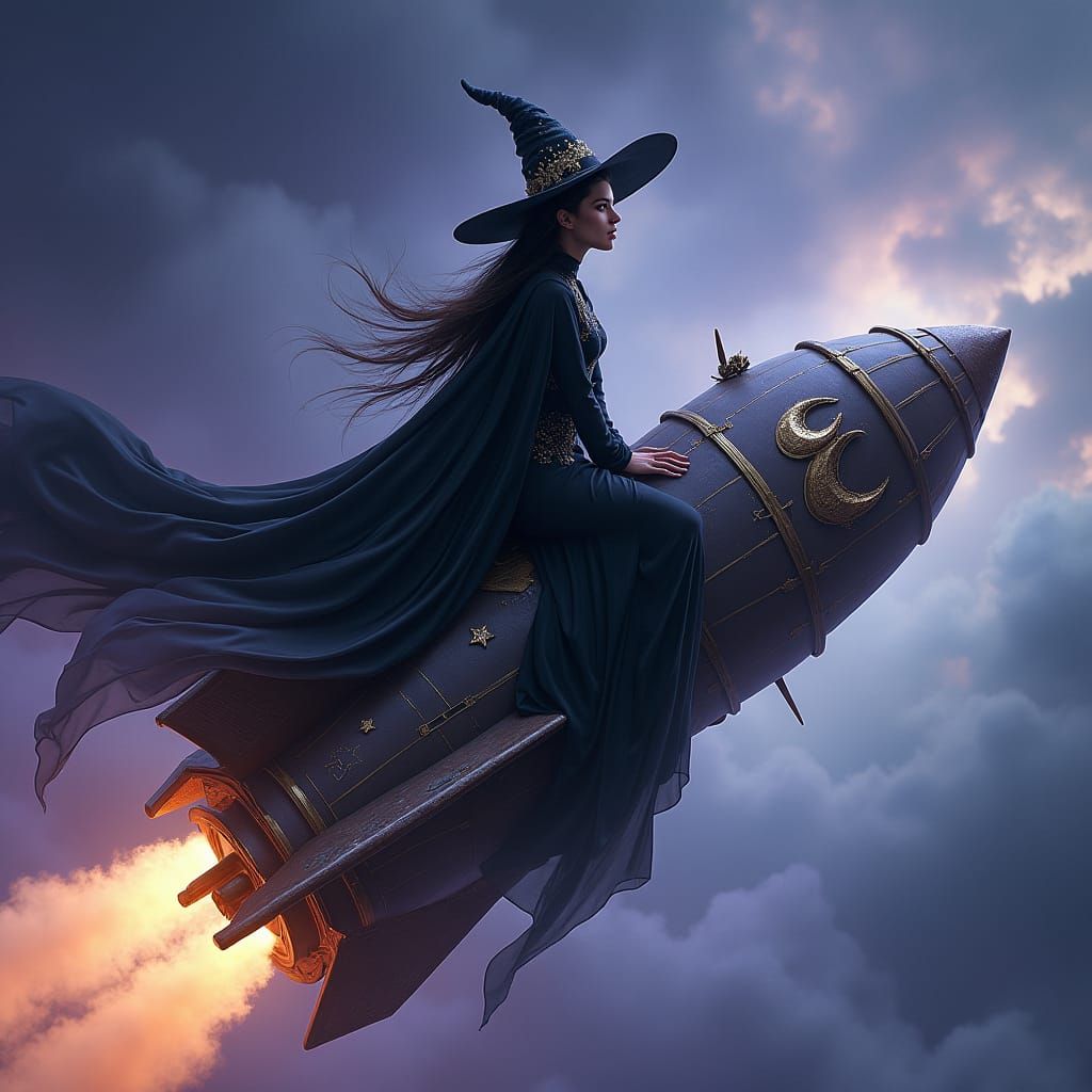 Witch on Rocket Blasting into Ethereal Night Sky
