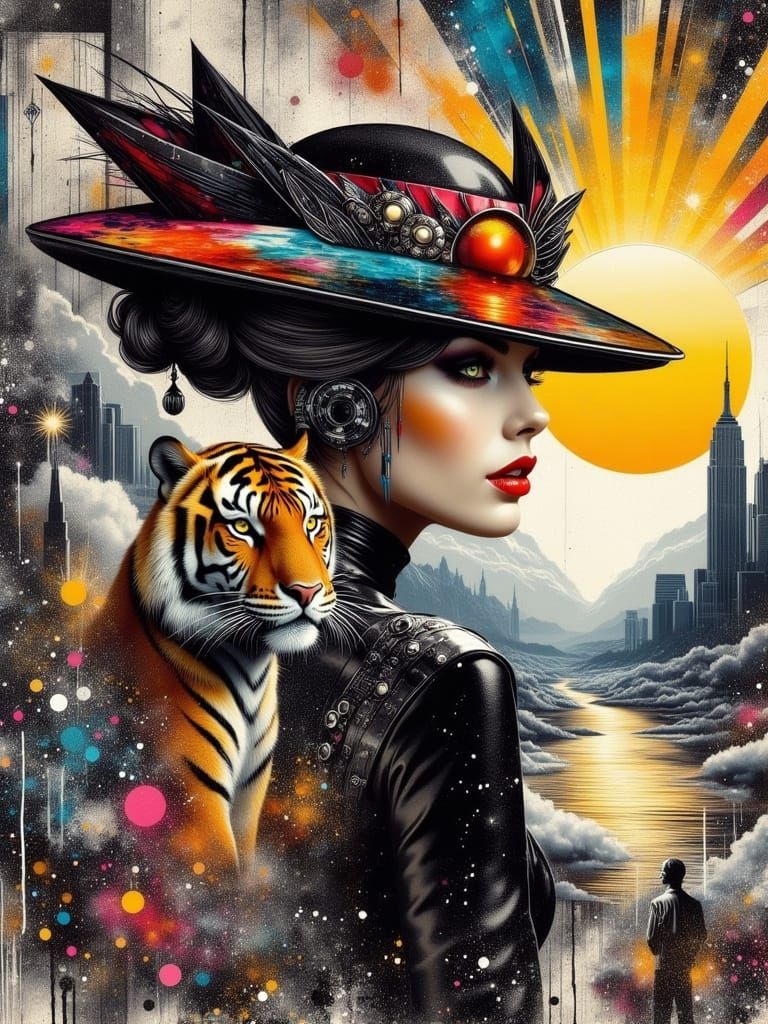 Woman with elaborate, avant-garde attire, gazing back over her shoulder, her face a vision of serenity amidst the turmoi...