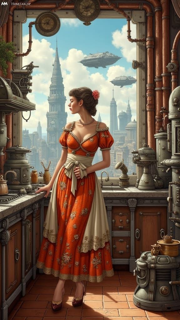 Dieselpunk Housewife in a Futuristic Kitchen